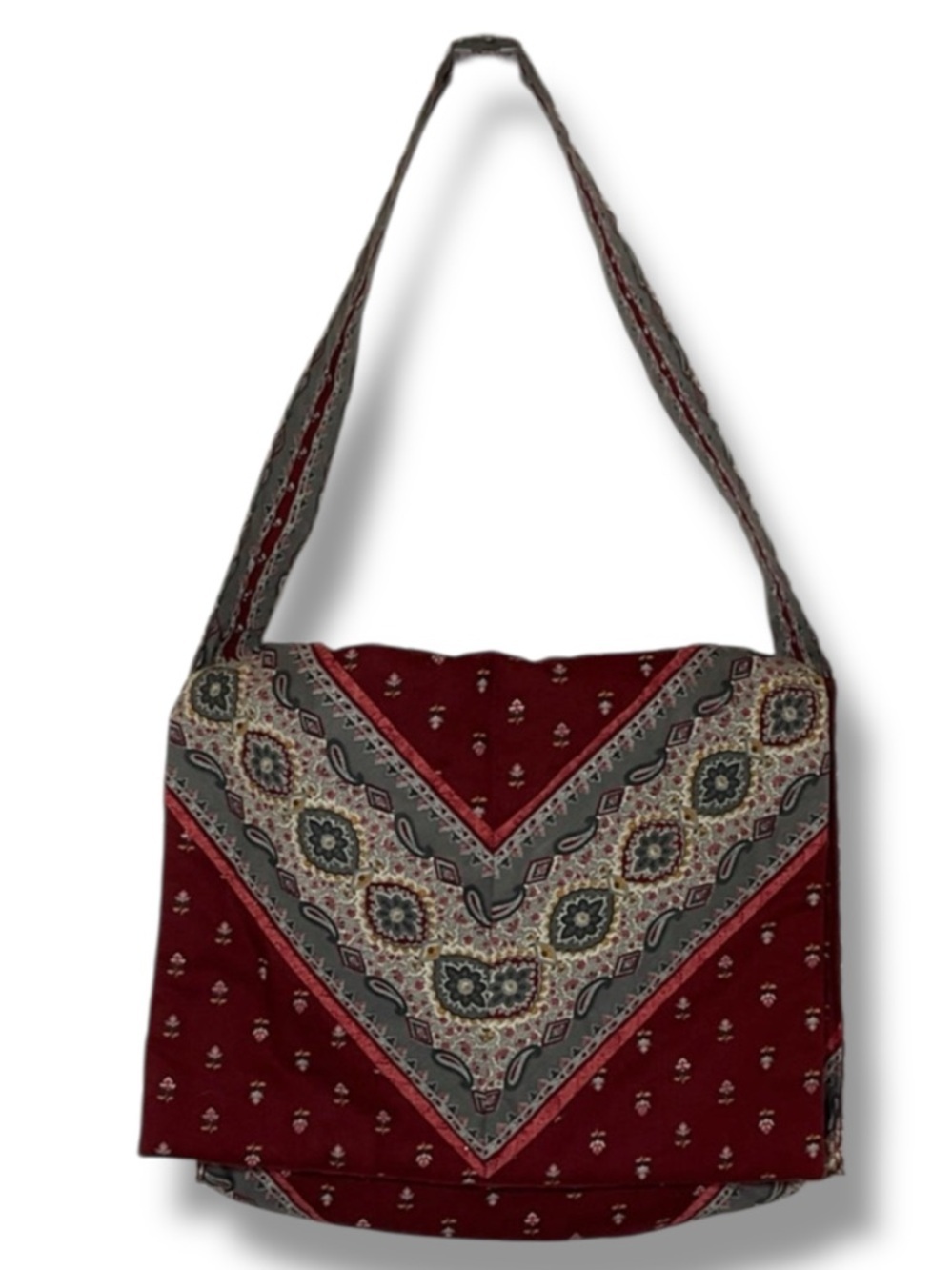Vintage Bag Quilted Burgundy Red Grey Print Cotton Shoulder Purse
